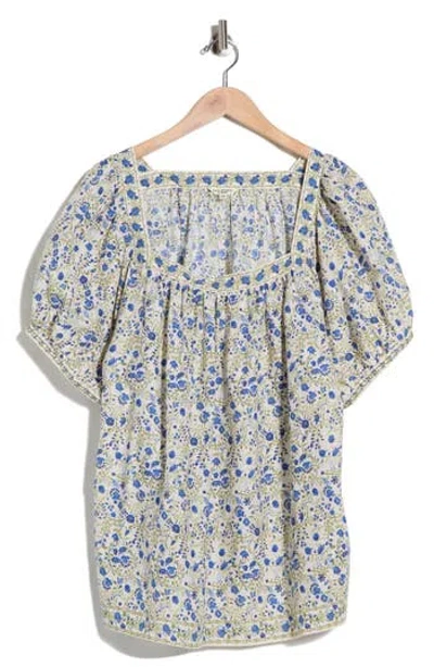 Max Studio Floral Square Neck Puff Sleeve Top In Black
