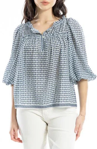 Max Studio Floral Three-quarter Bubble Sleeve Top In Blue