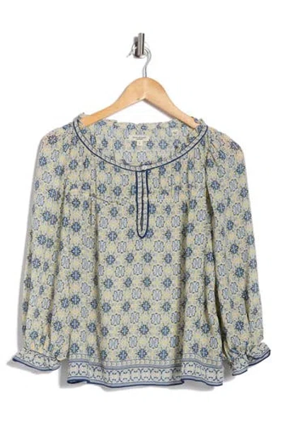 Max Studio Floral Three-quarter Bubble Sleeve Top In Blue