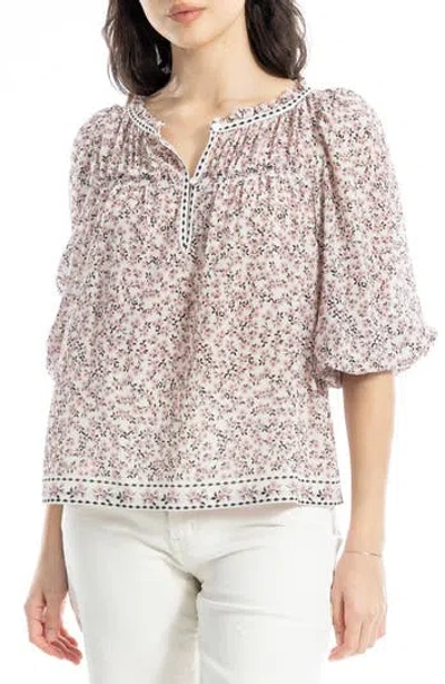 Max Studio Floral Three-quarter Bubble Sleeve Top In Ivory/blush