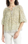 Max Studio Floral Three-quarter Bubble Sleeve Top In Ivory/yellow