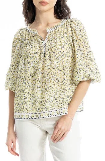Max Studio Floral Three-quarter Bubble Sleeve Top In Ivory/yellow
