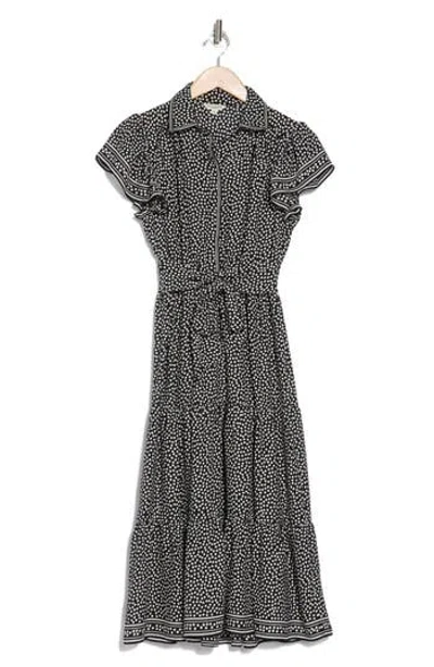 Max Studio Floral Tie Front Shirtdress In Blk/iry Large Posie Polka Dot