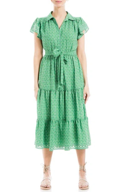 Max Studio Floral Tie Front Shirtdress In Green Deco Wave