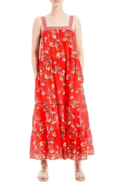 Max Studio Floral Tiered Cotton Blend Maxi Dress In Red Floaty Flora