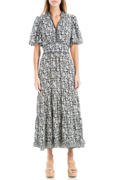 Max Studio Floral Tiered Maxi Dress In Black/ Ivory Dsy Drps
