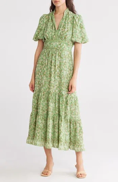 Max Studio Floral Tiered Maxi Dress In Green Tossed Meadow