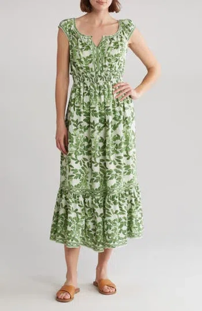 Max Studio Floral Tiered Maxi Dress In Mint/forest Dancing Leaves