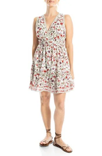 Max Studio Floral V-neck Empire Waist Minidress In Cream/ Red Velvet Vine
