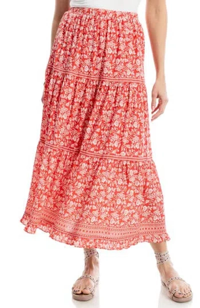 Max Studio Floral Wreath Print Tiered Cotton Blend Maxi Skirt