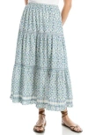 Max Studio Floral Wreath Print Tiered Cotton Blend Maxi Skirt In Blue