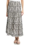 Max Studio Floral Wreath Print Tiered Cotton Blend Maxi Skirt In Black