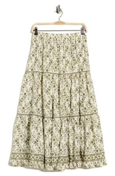 Max Studio Floral Wreath Print Tiered Cotton Blend Maxi Skirt In Green