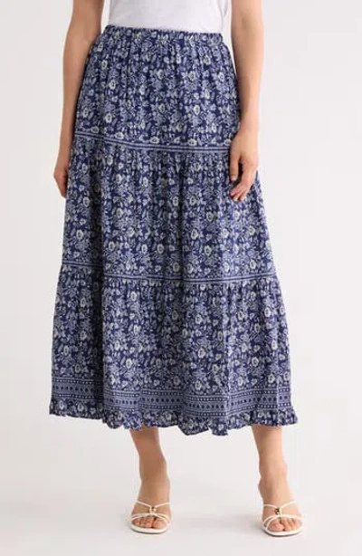 Max Studio Floral Wreath Print Tiered Cotton Blend Maxi Skirt In Blue