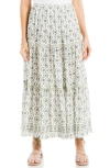 Max Studio Floral Wreath Print Tiered Cotton Blend Maxi Skirt In Cream/ Print