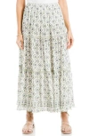 Max Studio Floral Wreath Print Tiered Cotton Blend Maxi Skirt In White