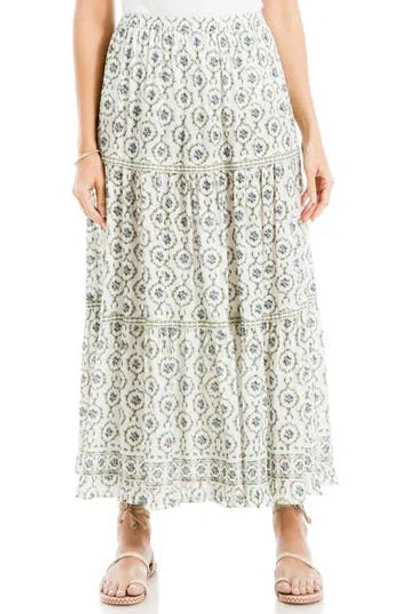 Max Studio Floral Wreath Print Tiered Cotton Blend Maxi Skirt In Cream/print