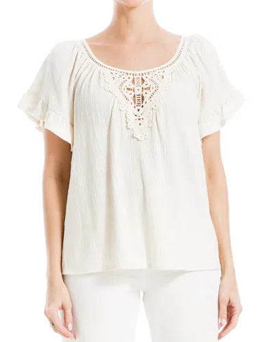 Max Studio Flutter Sleeve Crochet Yoke Knit Top In Transparent