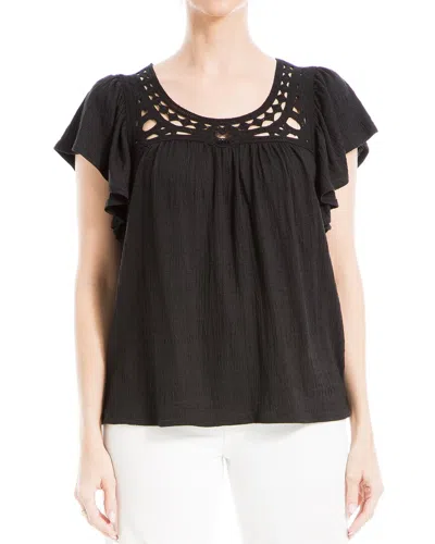 Max Studio Flutter Sleeve Embroidered Top In Black