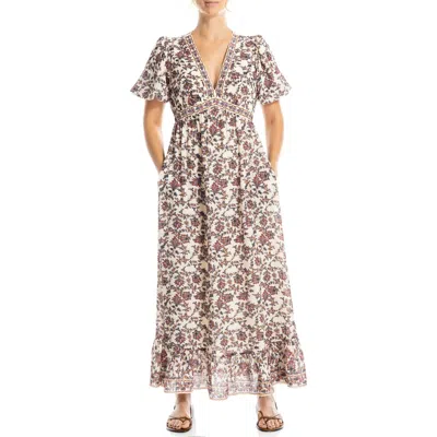 Max Studio Flutter Sleeve Empire Waist Maxi Dress In Ecru/ Red Ancestral