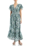Max Studio Flutter Sleeve Floral Tiered Maxi Dress In Blue/red Daisy Bunch