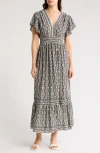 Max Studio Flutter Sleeve Floral Tiered Maxi Dress In Gray