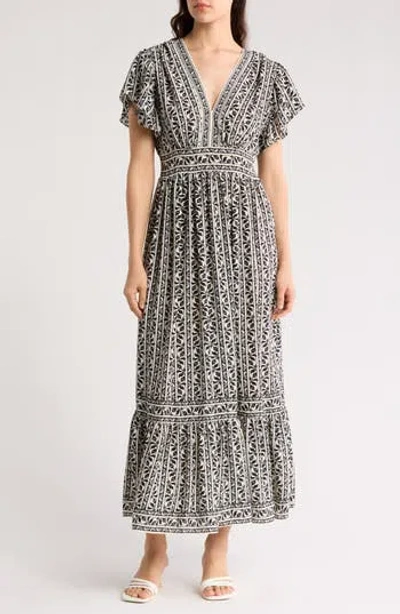 Max Studio Flutter Sleeve Floral Tiered Maxi Dress In Gray