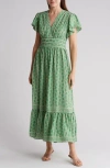 Max Studio Flutter Sleeve Floral Tiered Maxi Dress In Grn/crm Acorn Climber