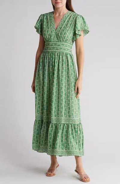 Max Studio Flutter Sleeve Floral Tiered Maxi Dress In Grn/crm Acorn Climber