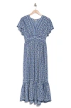 Max Studio Flutter Sleeve Floral Tiered Maxi Dress In Navy/cream Linear Vines