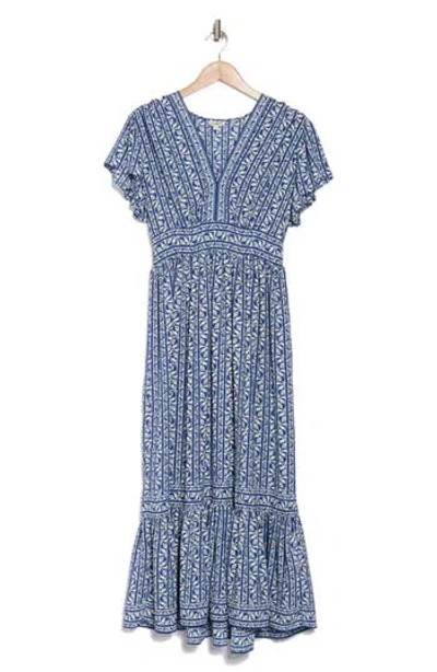 Max Studio Flutter Sleeve Floral Tiered Maxi Dress In Navy/cream Linear Vines