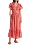 Max Studio Flutter Sleeve Floral Tiered Maxi Dress In Red/ivory Acorn Climber
