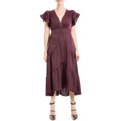 Max Studio Flutter Sleeve Satin Midi Dress In Wine