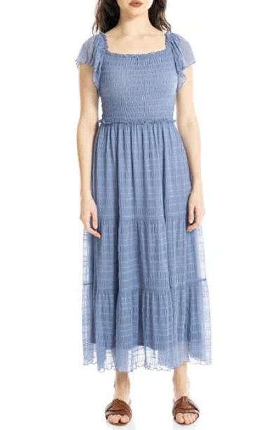 Max Studio Flutter Sleeve Smocked Mesh Midi Dress In Blue