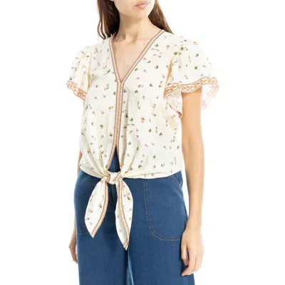 Max Studio Flutter Sleeve Tie Front Shirt In Nude