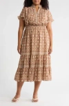 Max Studio Flutter Sleeve Tiered Maxi Dress In Brown