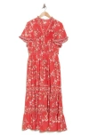 Max Studio Flutter Sleeve Tiered Maxi Dress In Baked Apple Crane Blossom
