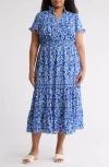 Max Studio Flutter Sleeve Tiered Maxi Dress In Blue
