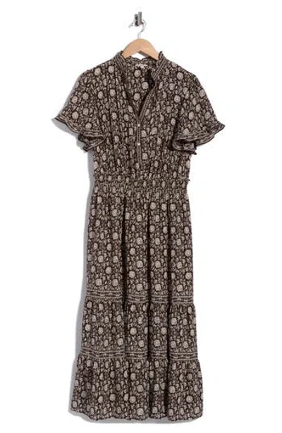 Max Studio Flutter Sleeve Tiered Maxi Dress In Coffee Small Oriental Panel