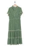 Max Studio Flutter Sleeve Tiered Maxi Dress In Cream/green Ukiyo