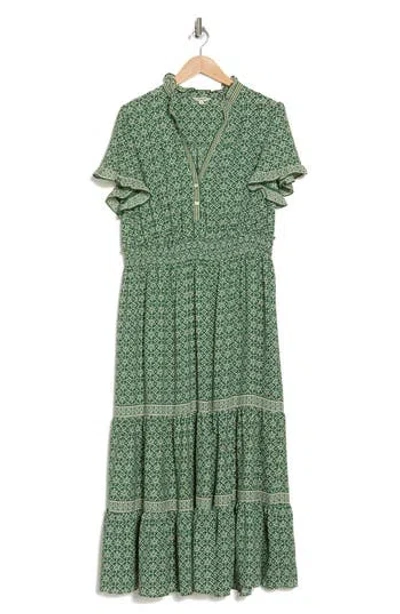 Max Studio Flutter Sleeve Tiered Maxi Dress In Cream/green Ukiyo