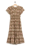 Max Studio Flutter Sleeve Tiered Maxi Dress In Ecru/ Mauve Leaves