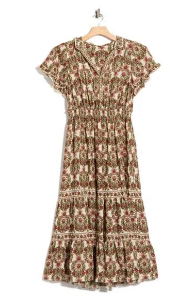 Max Studio Flutter Sleeve Tiered Maxi Dress In Ecru/ Mauve Leaves