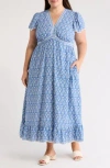 Max Studio Flutter Sleeve V-neck Dress In Blue