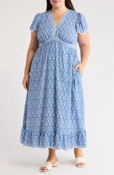 Max Studio Flutter Sleeve V-neck Dress In Blue
