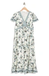 Max Studio Flutter Sleeve V-neck Dress In Ecru/ Blue Floral Petals