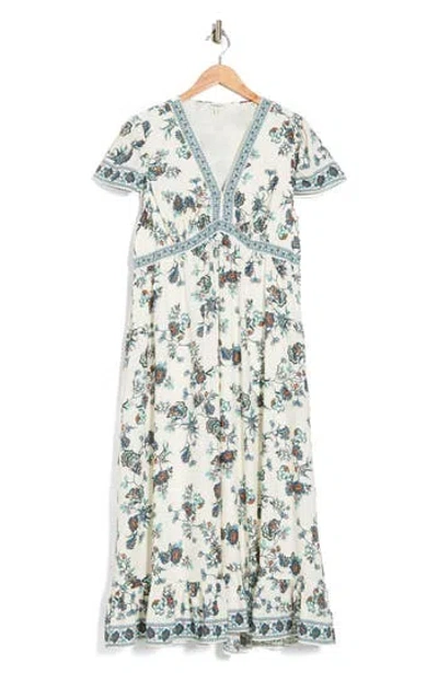 Max Studio Flutter Sleeve V-neck Dress In Ecru/blue Floral Petals