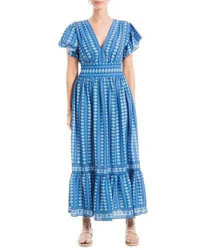 Max Studio Flutter Sleeve V-neck Tiered Maxi Dress In Blue