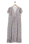 Max Studio Flutter Sleeve V-neck Dress In Ecru/ Denim Leafy Ferm