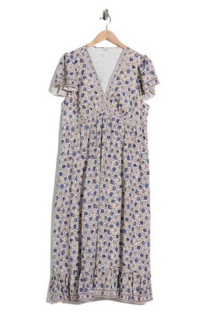 Max Studio Flutter Sleeve V-neck Dress In Ecru/ Denim Leafy Ferm